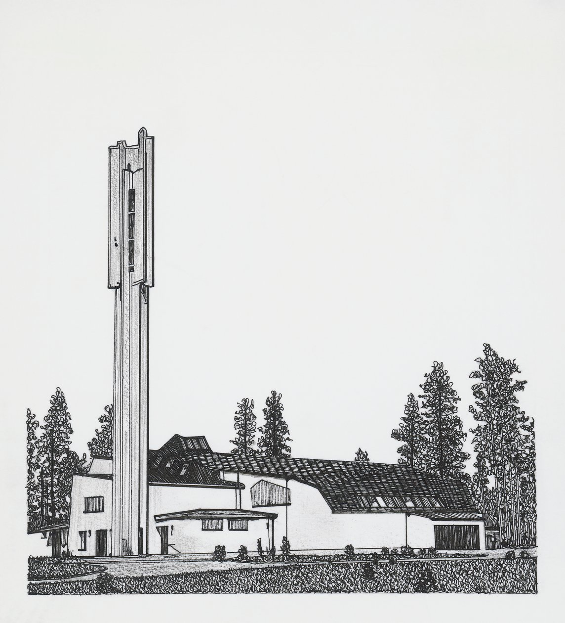 kresba kostela Tří křížů od Alvar Aalto