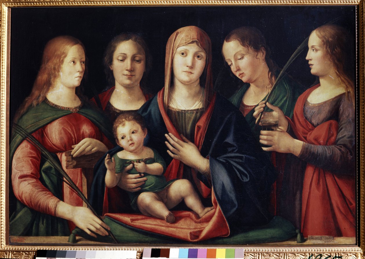Panna s dítětem s Marií Madeleine Sainte Catherine a dvěma světci (Madona a dítě s Marií Magdalénou, svatá Kateřina a dva světci). Obraz od Alvise Vivariniho (cca 1446-cca 1505). Olej na plátně, 89 x 129 cm od Alvise Vivarini