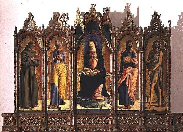 Polyptych zobrazující (střední panel) Madonu s dítětem na trůnu; sv. Dominik a sv. Petr (levé panely); Sv. Pavel a sv. Jan Křtitel (pravé panely) od Alvise Vivarini