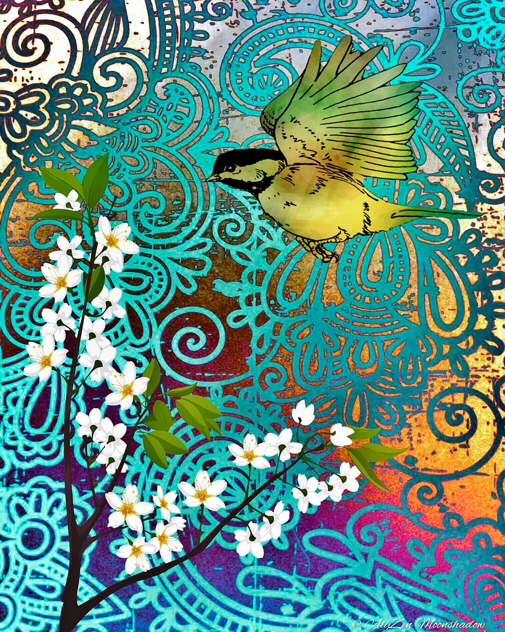 Bird with Cherry Blossoms, 2014, (digitální kombinovaná mediální fonografie) od AlyZen Moonshadow