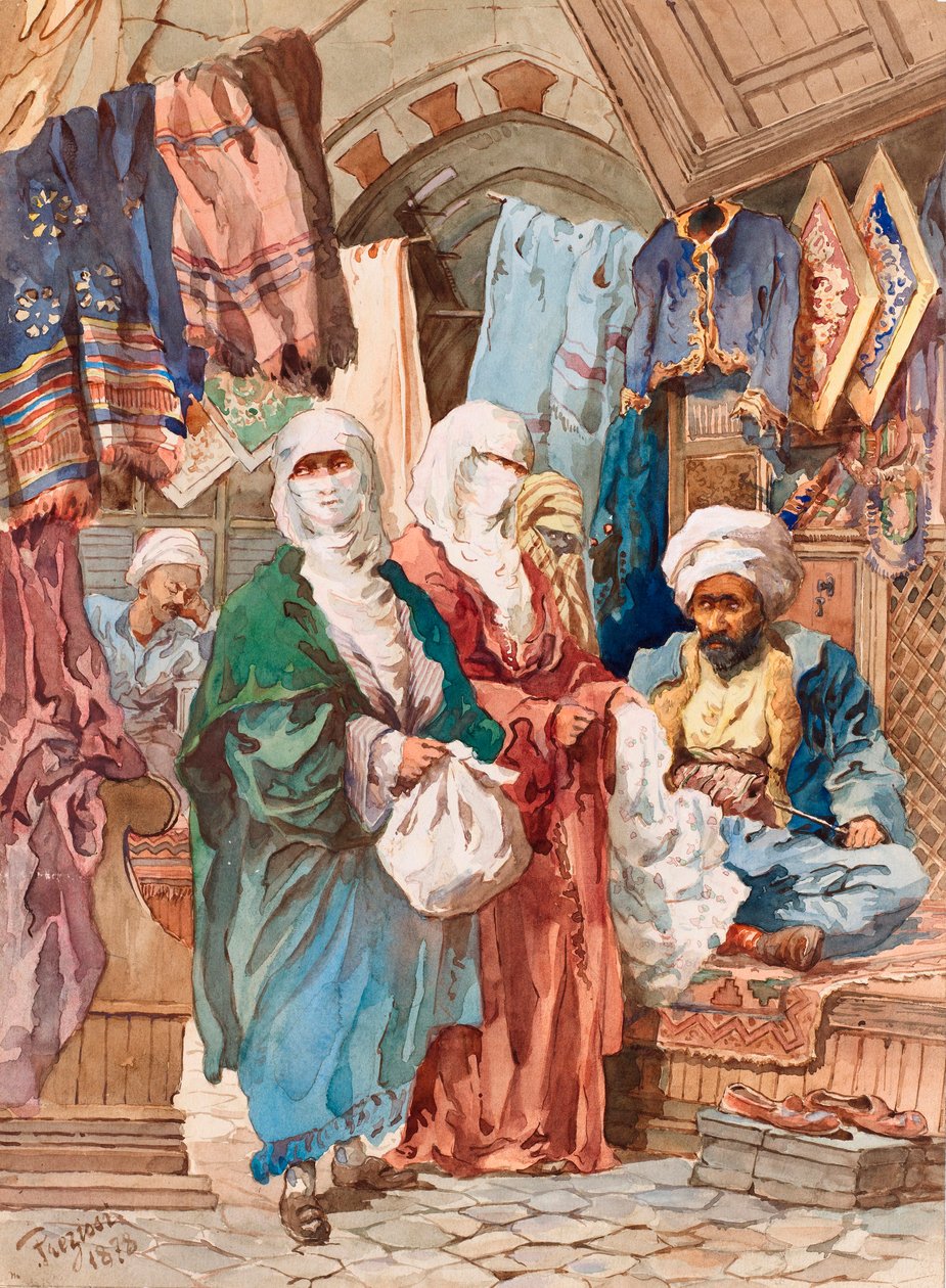 The Silk Bazaar (orientální trh, souk, hedvábné zboží) - The Silk Bazaar - Amedeo Preziosi (1816-1882), Akvarel na papíře (41x30 cm) - Muzeum Pera, Istanbul od Amadeo Preziosi