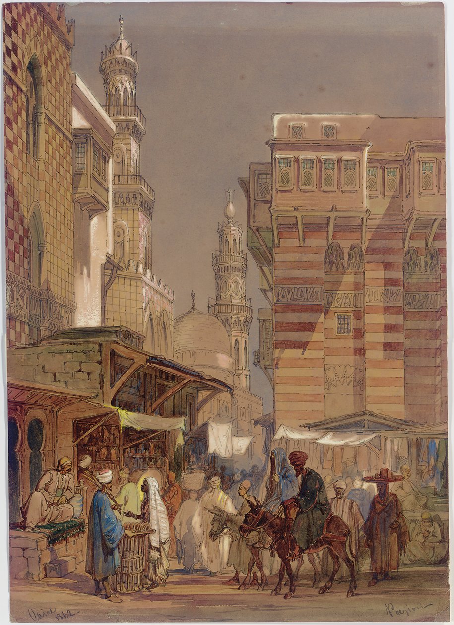 Trhový den na Muizz id-Din li-Lah, stará Káhira, 1862 od Amadeo Preziosi