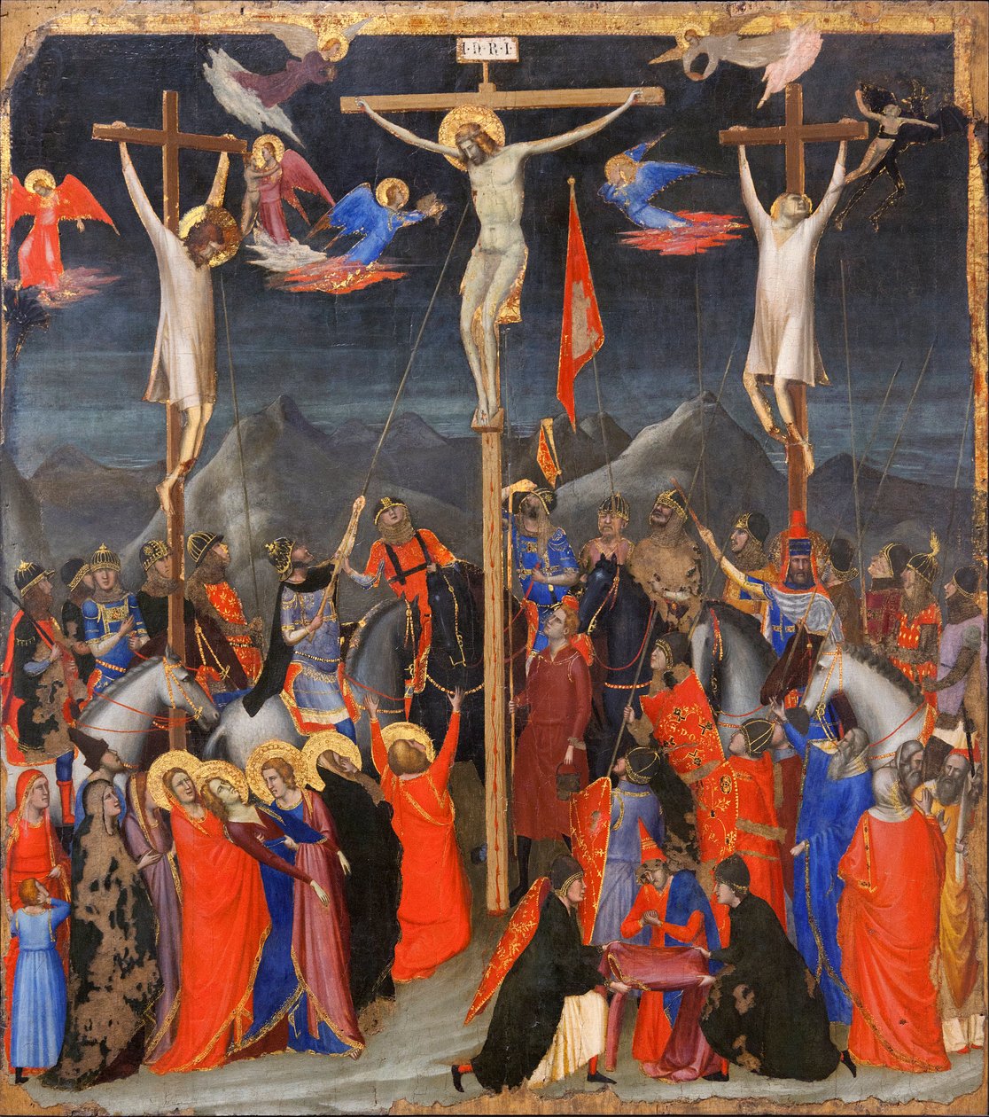 Ukřižování - Po stranách vyobrazení dobrého zloděje (také nazývaného Saint Dismas (nebo Dysmas, Dimas, Dumas) a zlého zloděje (Gesmas nebo Gestas), dva zloději ukřižovaní s Ježíšem Kristem - nápis INRI (I N R I) na kříži - Obraz Gio od Ambrogio Bondone (workshop) Giotto