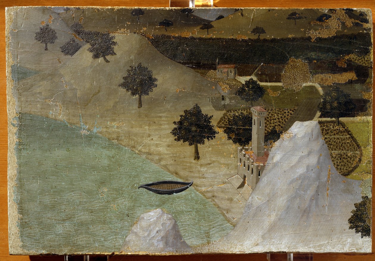 Zámek stojící u jezera - tempera na panelu od Ambrogio Lorenzetti