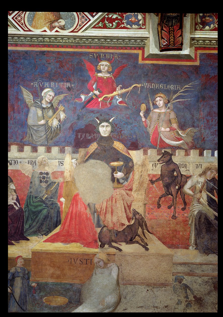 Alegorie špatné vlády, detail lakomství, pýchy, marnivosti, tyranie, podvodu a hněvu, 1338-40 od Ambrogio Lorenzetti