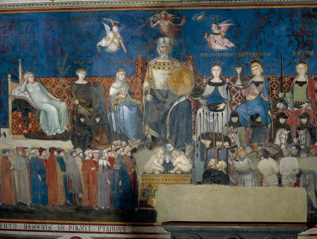 Alegorie dobré vlády, detail z Alegorie a dopady dobré a špatné vlády na město a venkov od Ambrogio Lorenzetti