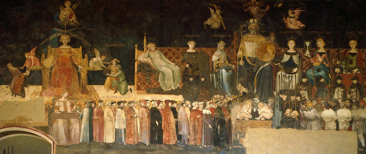 Alegorie dobré vlády, detail z Alegorie a účinky dobré a špatné vlády ve městě a na venkově od Ambrogia Lorenzettiho (aktivní 1285-1348), freska, Síň míru, Palazzo Publico, Siena od Ambrogio Lorenzetti