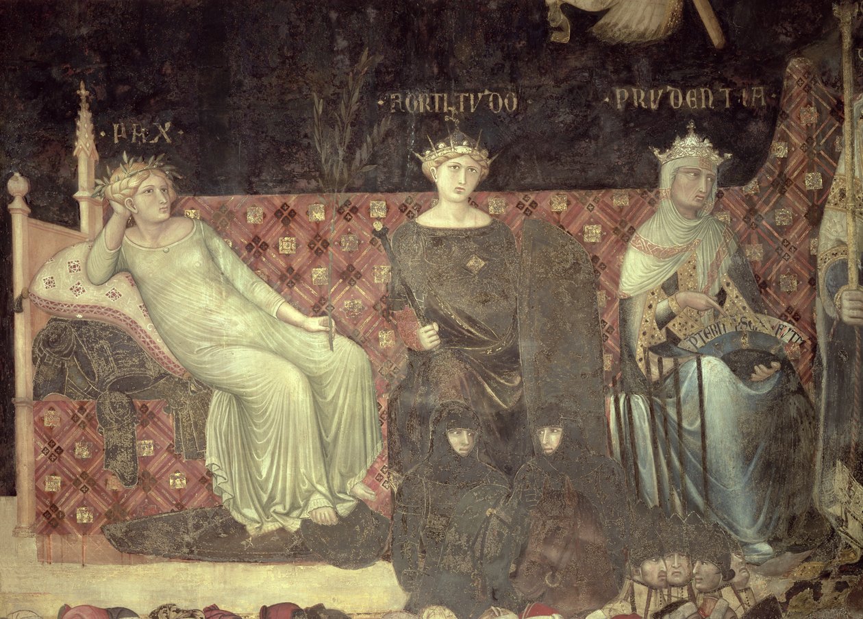 Alegorie dobré vlády, detail míru, statečnosti a obezřetnosti, 1338-40 od Ambrogio Lorenzetti