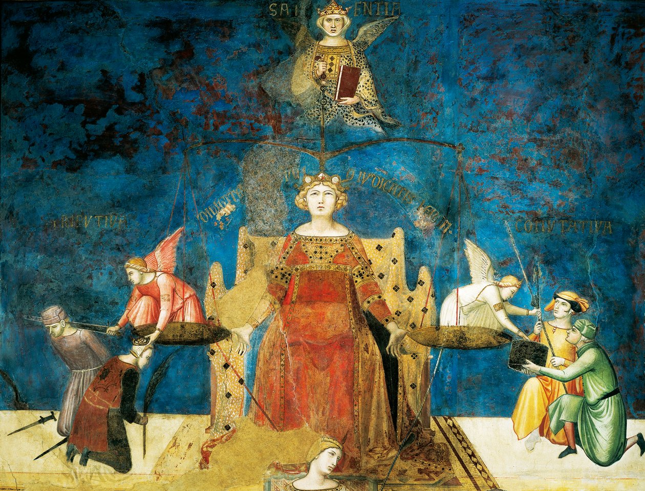 Alegorie dobré vlády, moudrosti a spravedlnosti, detail z Alegorie a účinky dobré a špatné vlády ve městě a na venkově od Ambrogio Lorenzetti