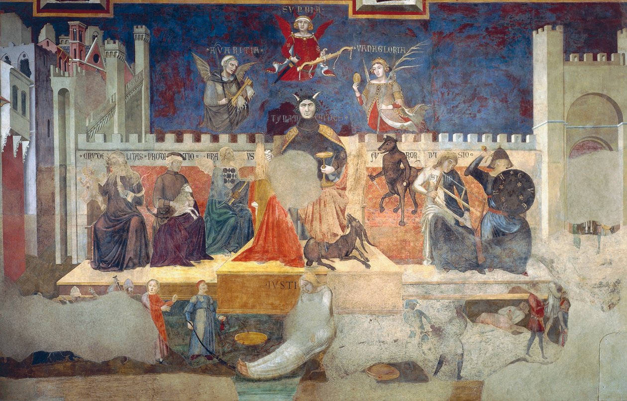 Alegorie špatné vlády, detail z Alegorií dobré a špatné vlády a jejich dopady na město a venkov od Ambrogio Lorenzetti