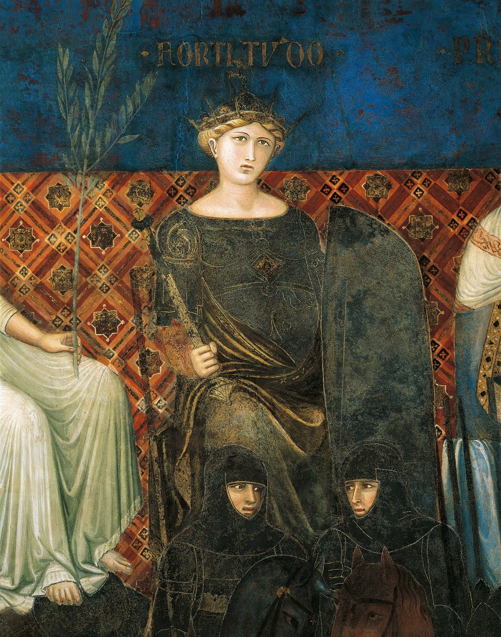 Alegorie síly, detail z Alegorie a účinky dobré a špatné vlády ve městě a na venkově od Ambrogio Lorenzetti