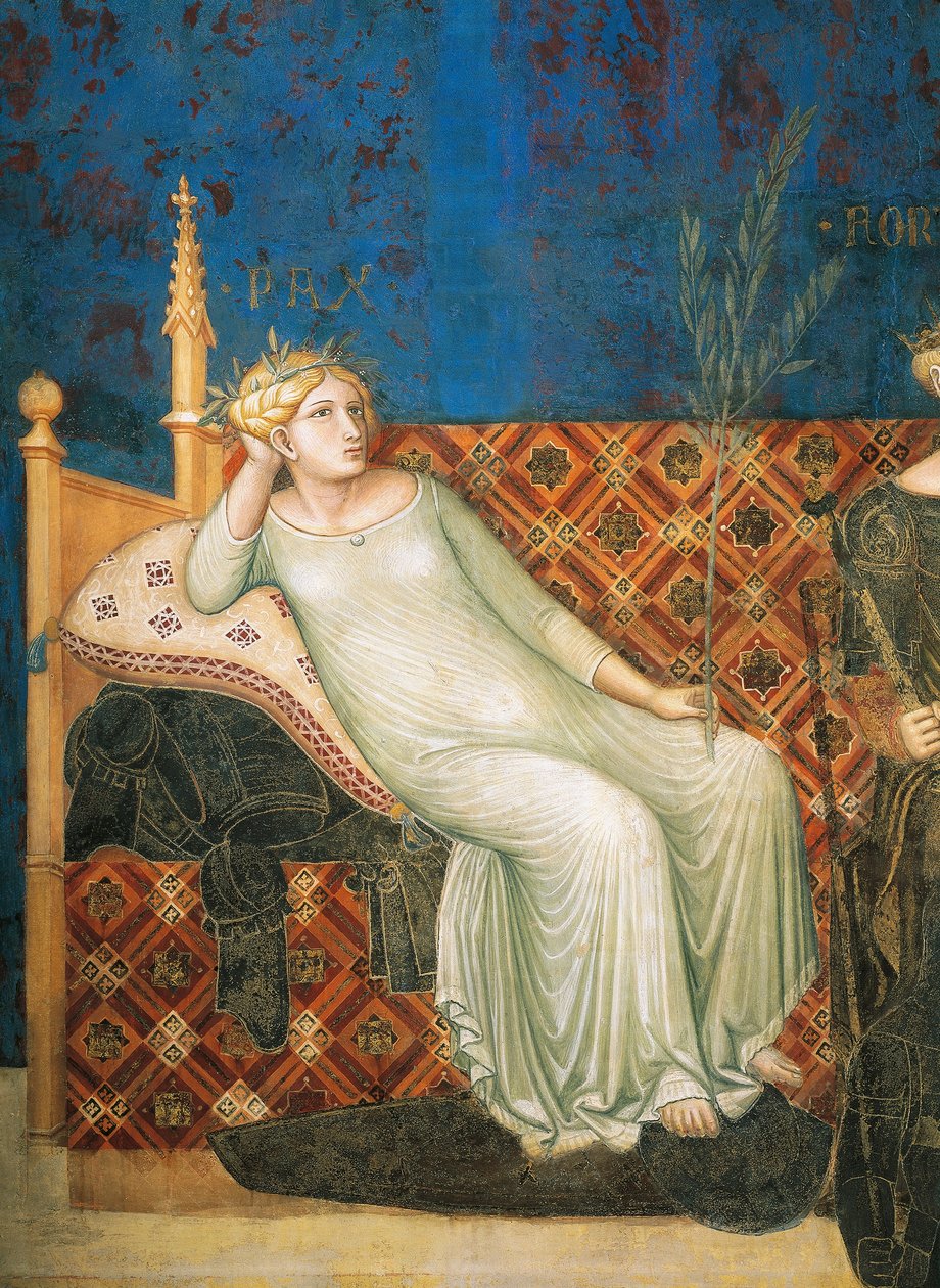 Alegorie dobré vlády, míru, detail z Alegorie a účinky dobré a špatné vlády ve městě a na venkově od Ambrogio Lorenzetti