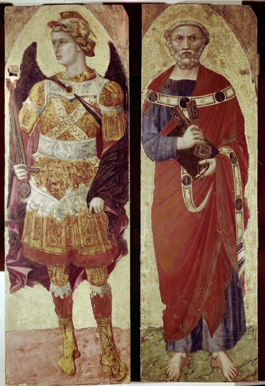 Archanděl Michael a svatý Petr, detail polyptika (tempera na dřevě od Ambrogio Lorenzetti