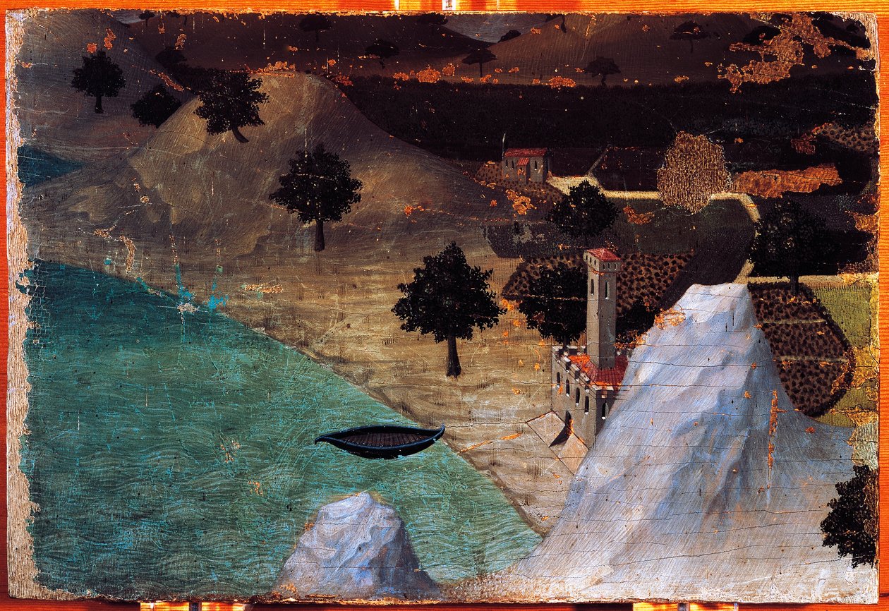 Zámek u jezera, od Ambrogia Lorenzettiho (1319-1347), malba na dřevě, 22x33 cm. od Ambrogio Lorenzetti