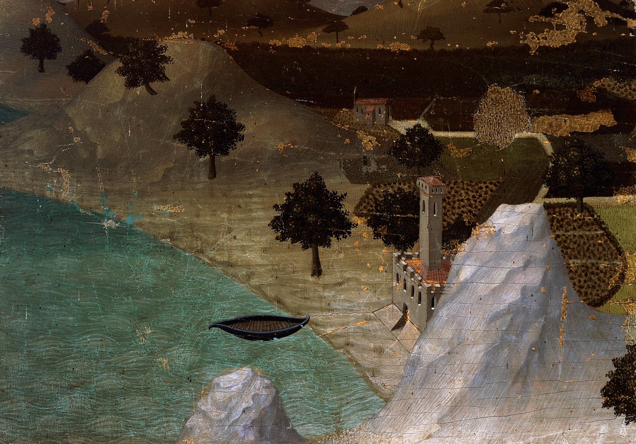 Hrad na břehu jezera, Ambrogio Lorenzetti (1290-cca 1348), Tempera na dřevě, 22,5x33 cm od Ambrogio Lorenzetti