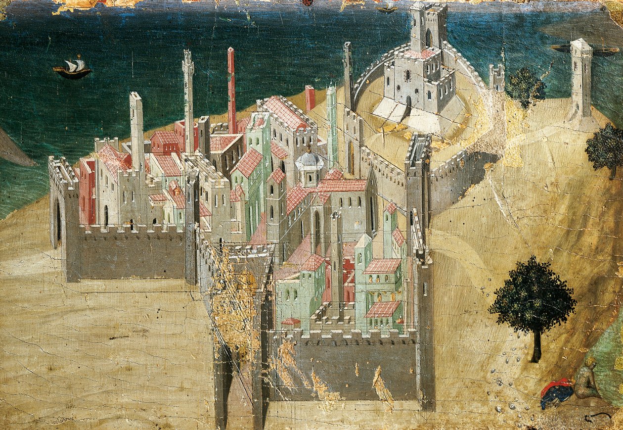Město u moře, Ambrogio Lorenzetti (1290-cca 1348) Tempera a zlato na dřevě, 22,5x33,5 cm od Ambrogio Lorenzetti
