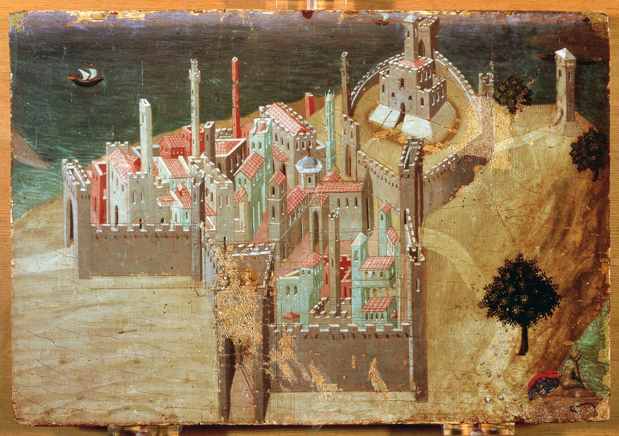 Město u moře, od Ambrogia Lorenzettiho (1285-1348), malba na dřevě, 22x33 cm. od Ambrogio Lorenzetti