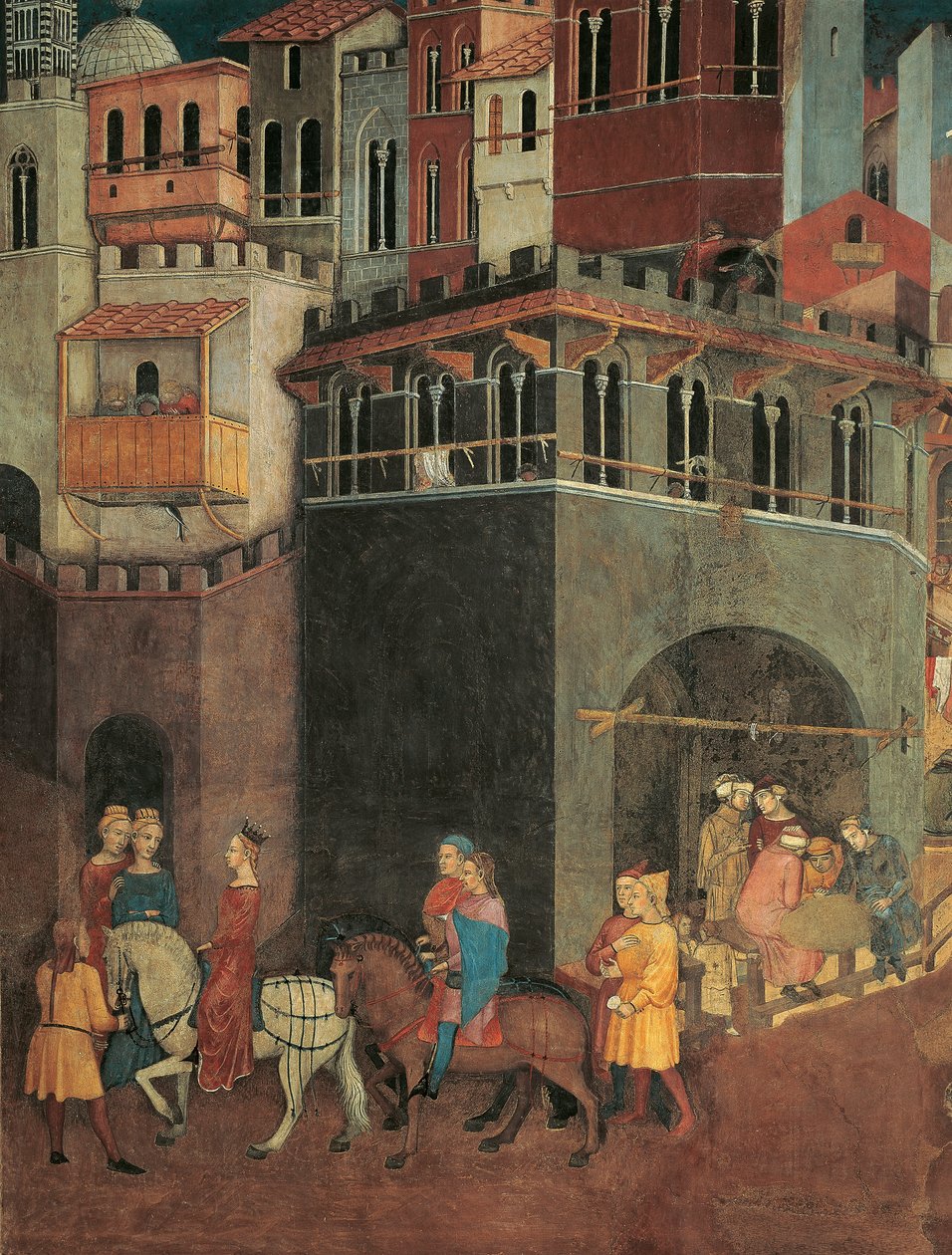 Účinky dobré vlády ve městě, Procesí šlechty v ulicích města, detail Alegorie a Účinky dobré a špatné vlády na město a venkov od Ambrogio Lorenzetti