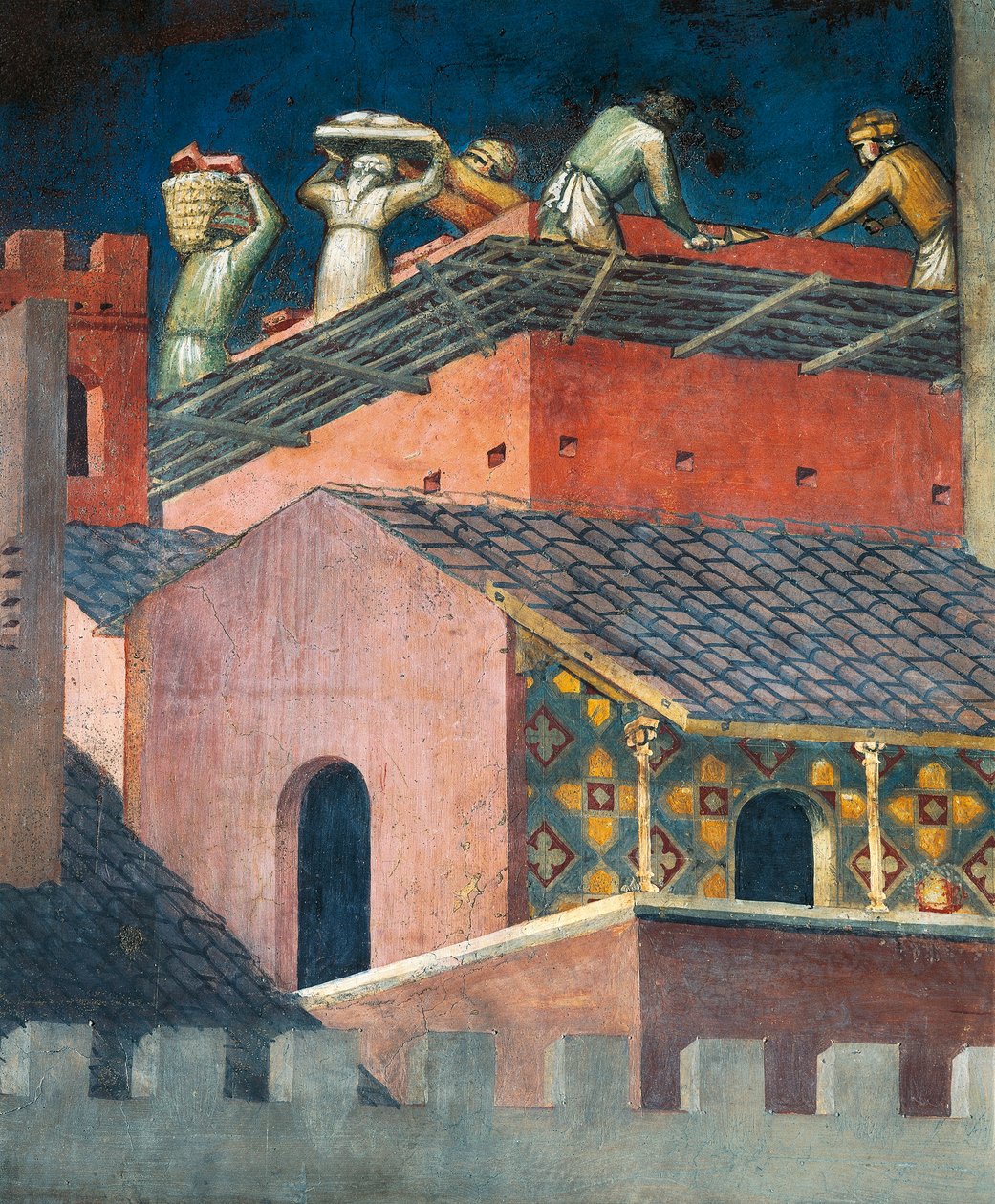 Účinky dobré vlády ve městě, zedníci v práci, detail z Alegorie a účinky dobré a špatné vlády ve městě a na venkově od Ambrogio Lorenzetti