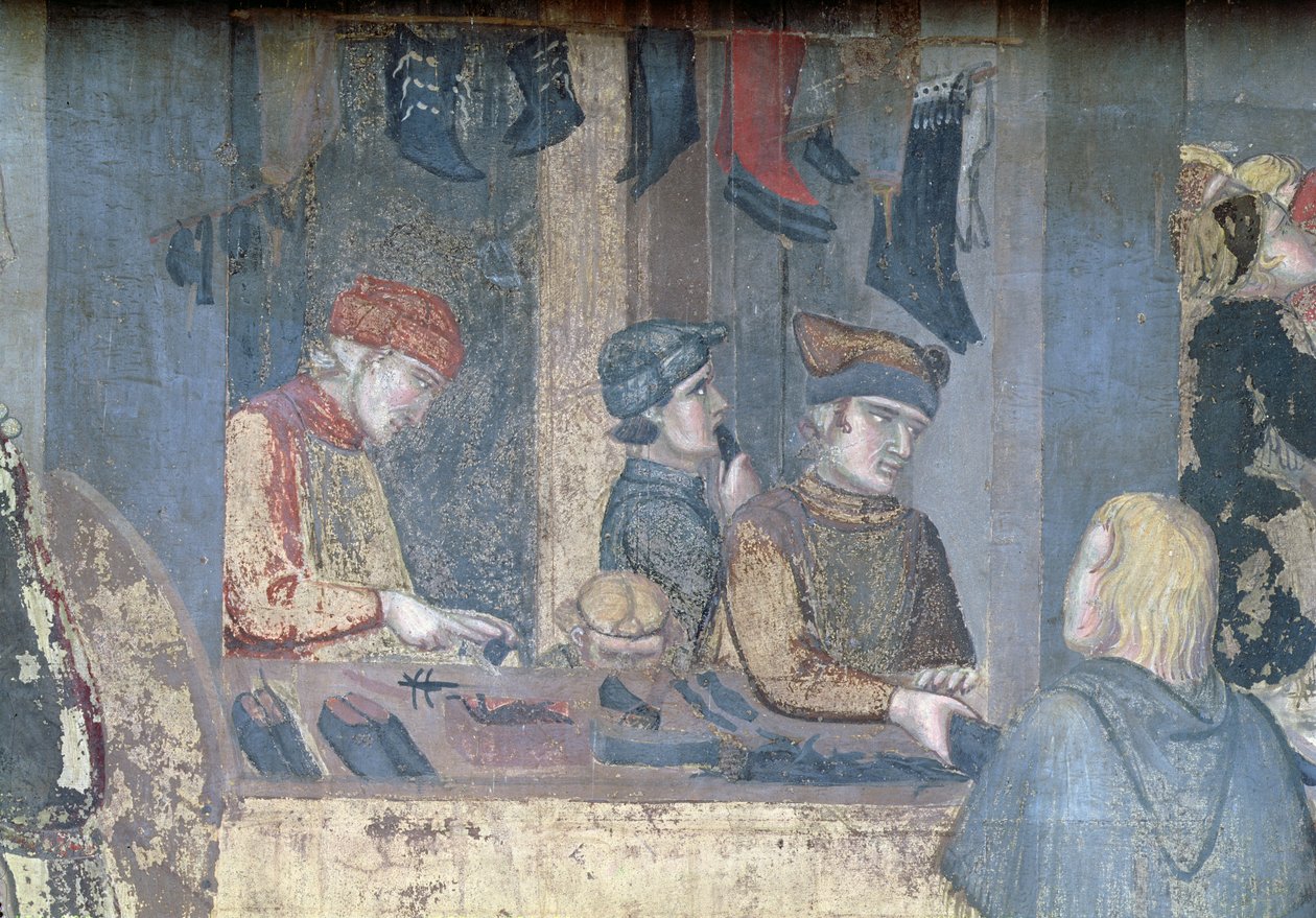 Efekty dobré vlády ve městě, detail obchodníka a řemeslníků v ševcovně od Ambrogio Lorenzetti