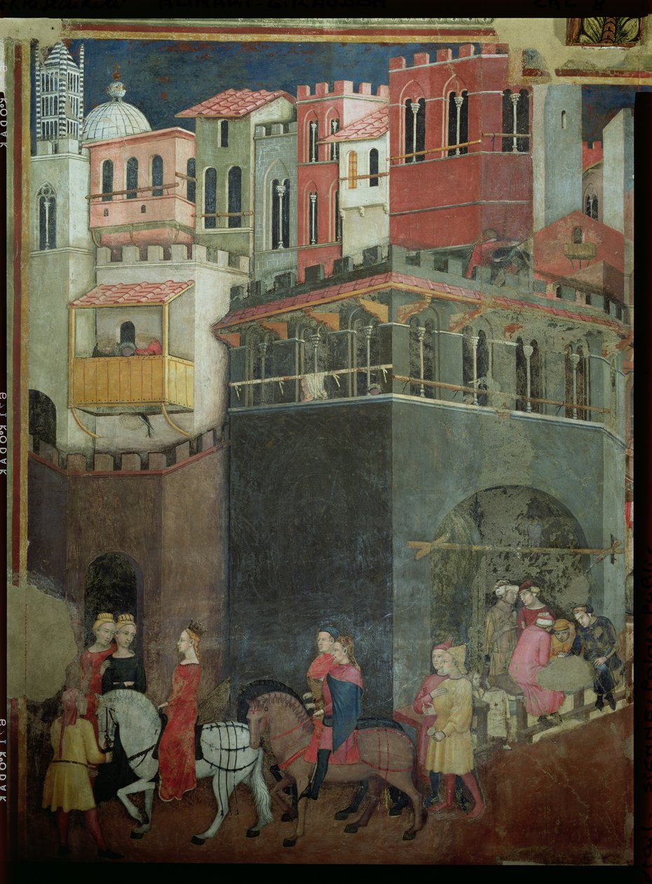 Efekty dobré vlády ve městě, detail architektury a občanů, 1338-40 od Ambrogio Lorenzetti