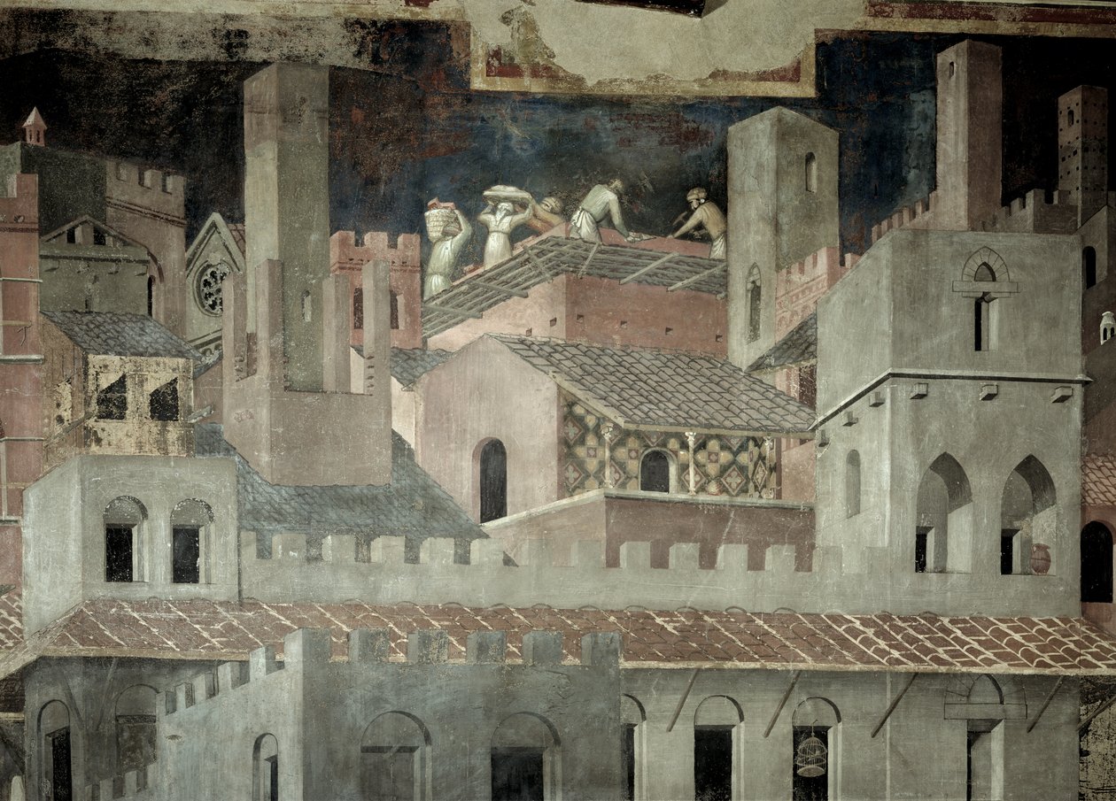Efekty dobré správy ve městě, detail architektury a stavby domu od Ambrogio Lorenzetti