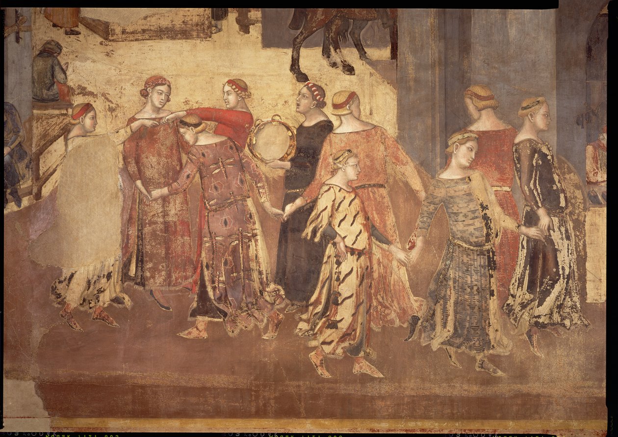 Efekty dobré vlády ve městě, detail tanečníků a hráčů na tamburínu, 1338-40 od Ambrogio Lorenzetti