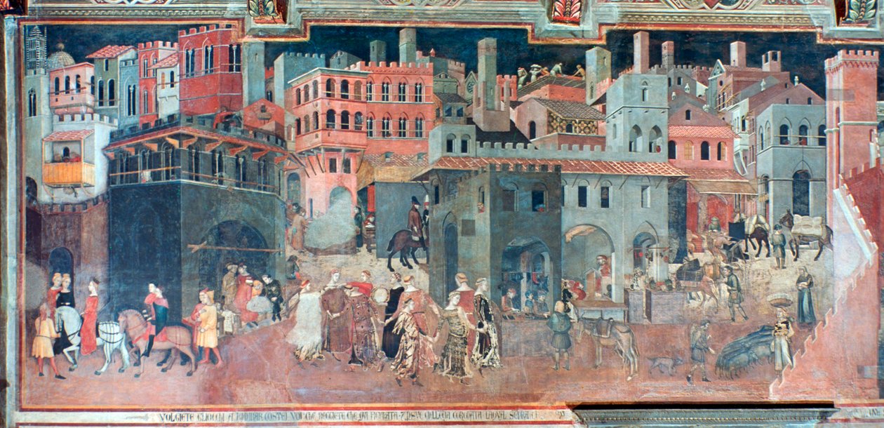 Účinky dobré vlády na život ve městě, detail, c1330 od Ambrogio Lorenzetti