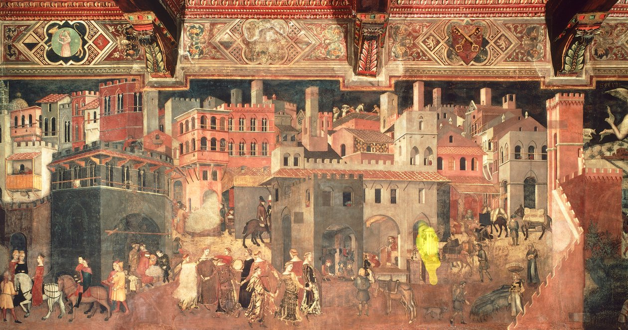 Účinky dobré vlády ve městě, detail z Alegorie a účinky dobré a špatné vlády ve městě a na venkově od Ambrogio Lorenzetti