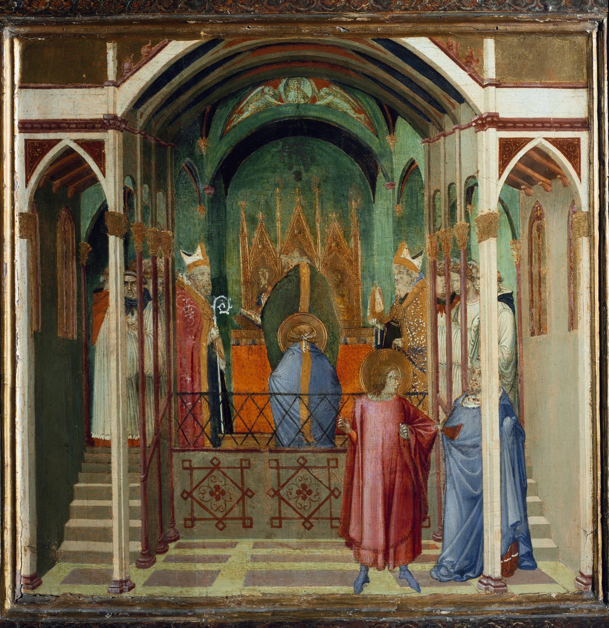Volba Nicholase biskupem v Myře. Scény ze života svatého Mikuláše (tempera na dřevě od Ambrogio Lorenzetti