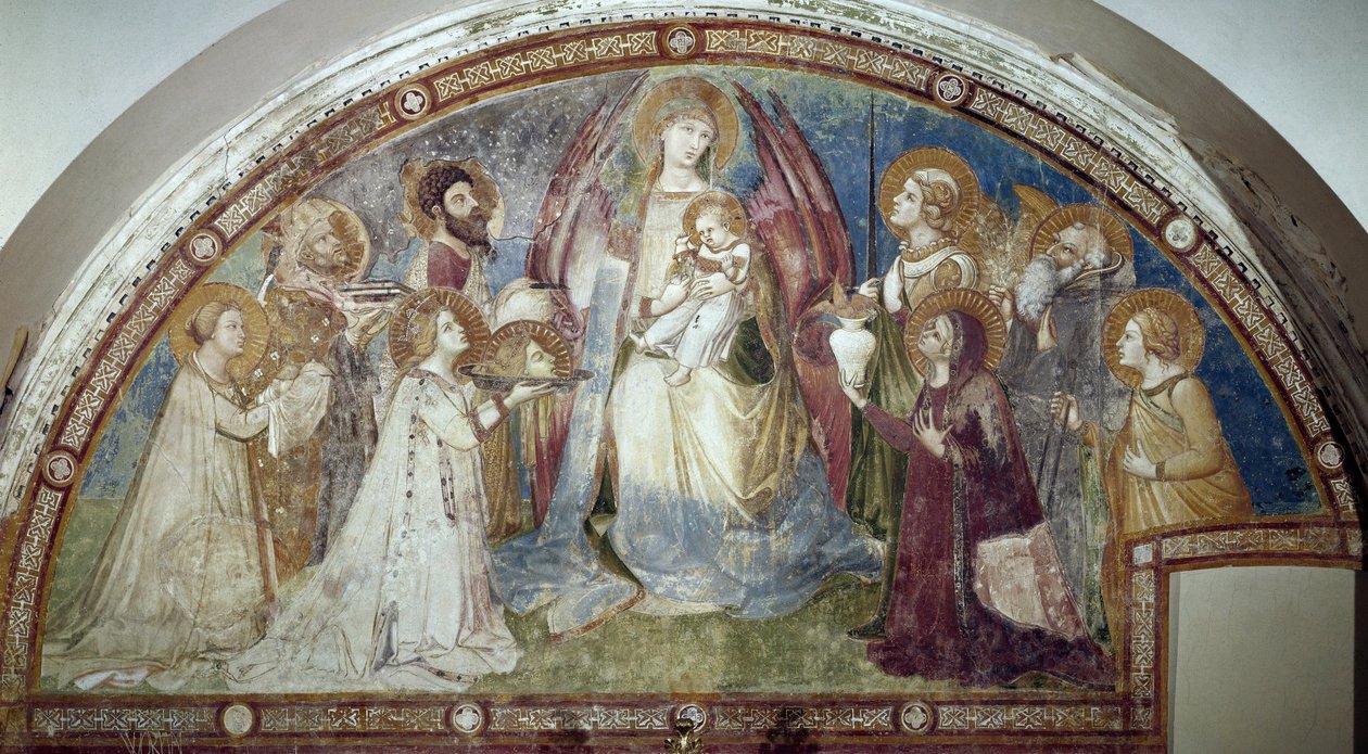 Maesta - Panna s dítětem, obklopená svatými a archandělem Michaelem (Freska od Ambrogio Lorenzetti
