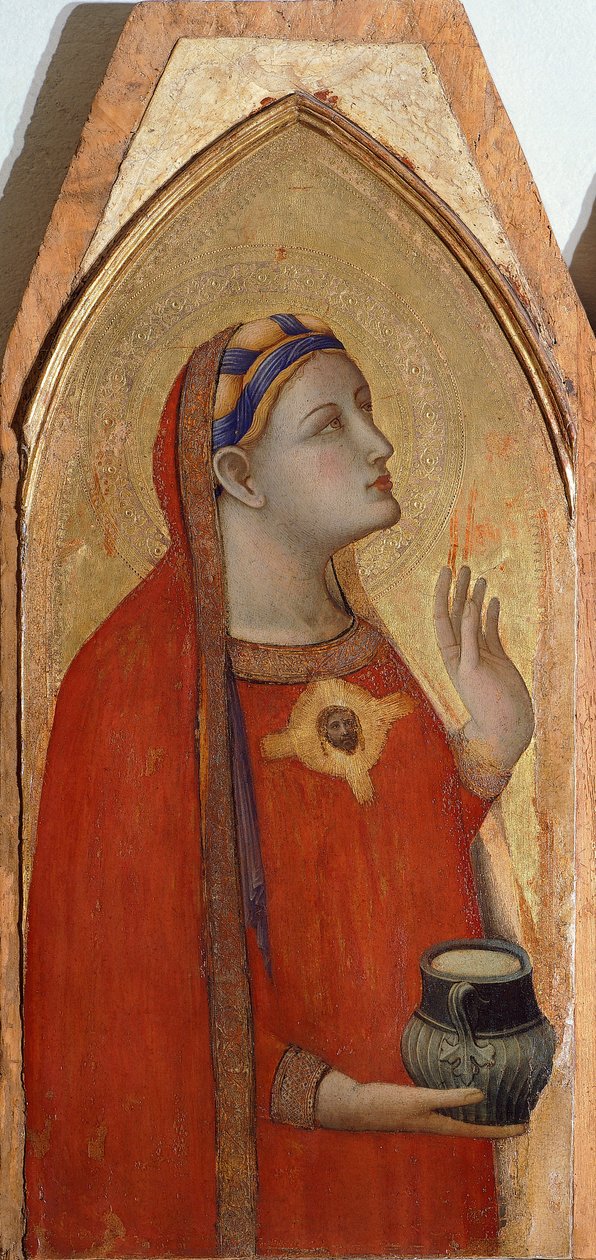 Máří Magdalena, detail z Triptychu zobrazující Madonu s dítětem s Marií Magdalenou a sv. Dorotou od Ambrogia Lorenzettiho (1290-cca 1348), olej na dřevě od Ambrogio Lorenzetti