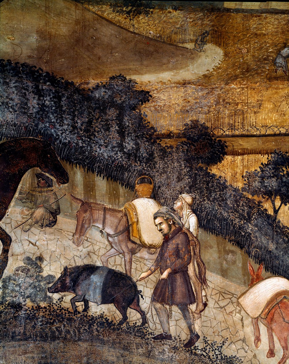 Rolníci orali pole. Detail dopadů dobré a špatné vlády na město a venkov. (Freska od Ambrogio Lorenzetti