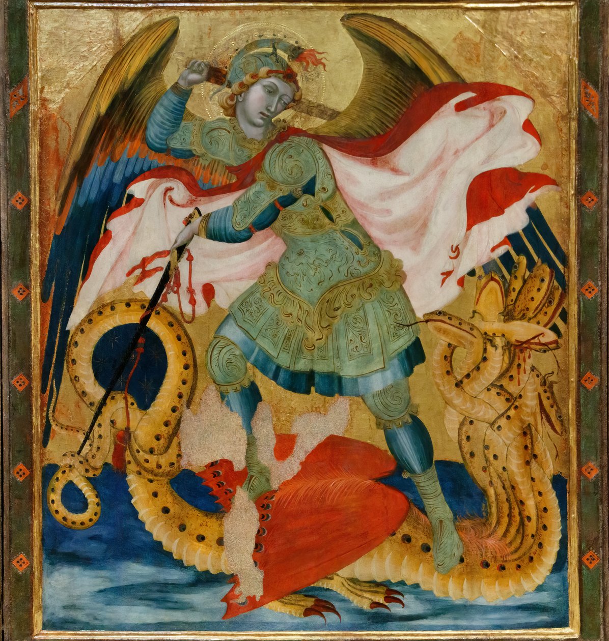 Svatý archanděl Michael zabíjí draka mezi svatými Benediktem a Bartolomějem (tempera na desce) od Ambrogio Lorenzetti