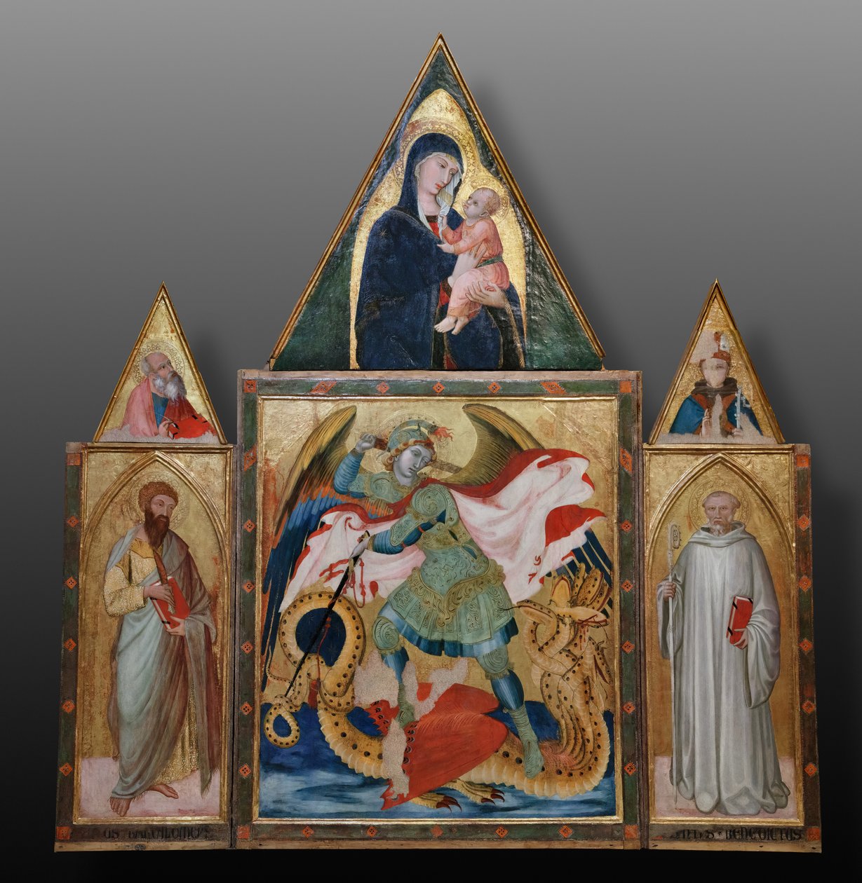 Svatý archanděl Michael zabíjí draka mezi svatými Benediktem a Bartolomějem (tempera na desce) od Ambrogio Lorenzetti