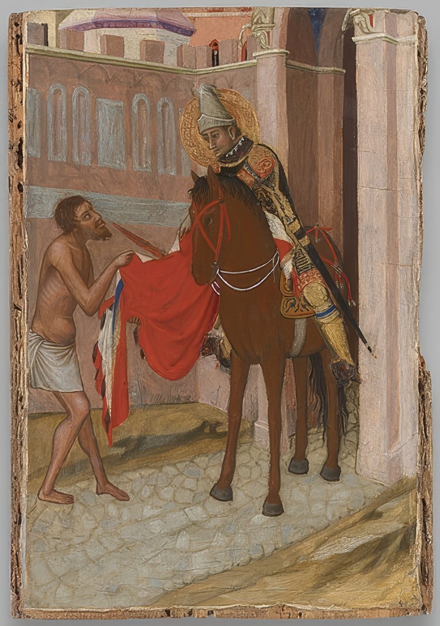 Svatý Martin z Tours se dělí o svůj plášť s žebrákem. Kolem roku 1340 od Ambrogio Lorenzetti
