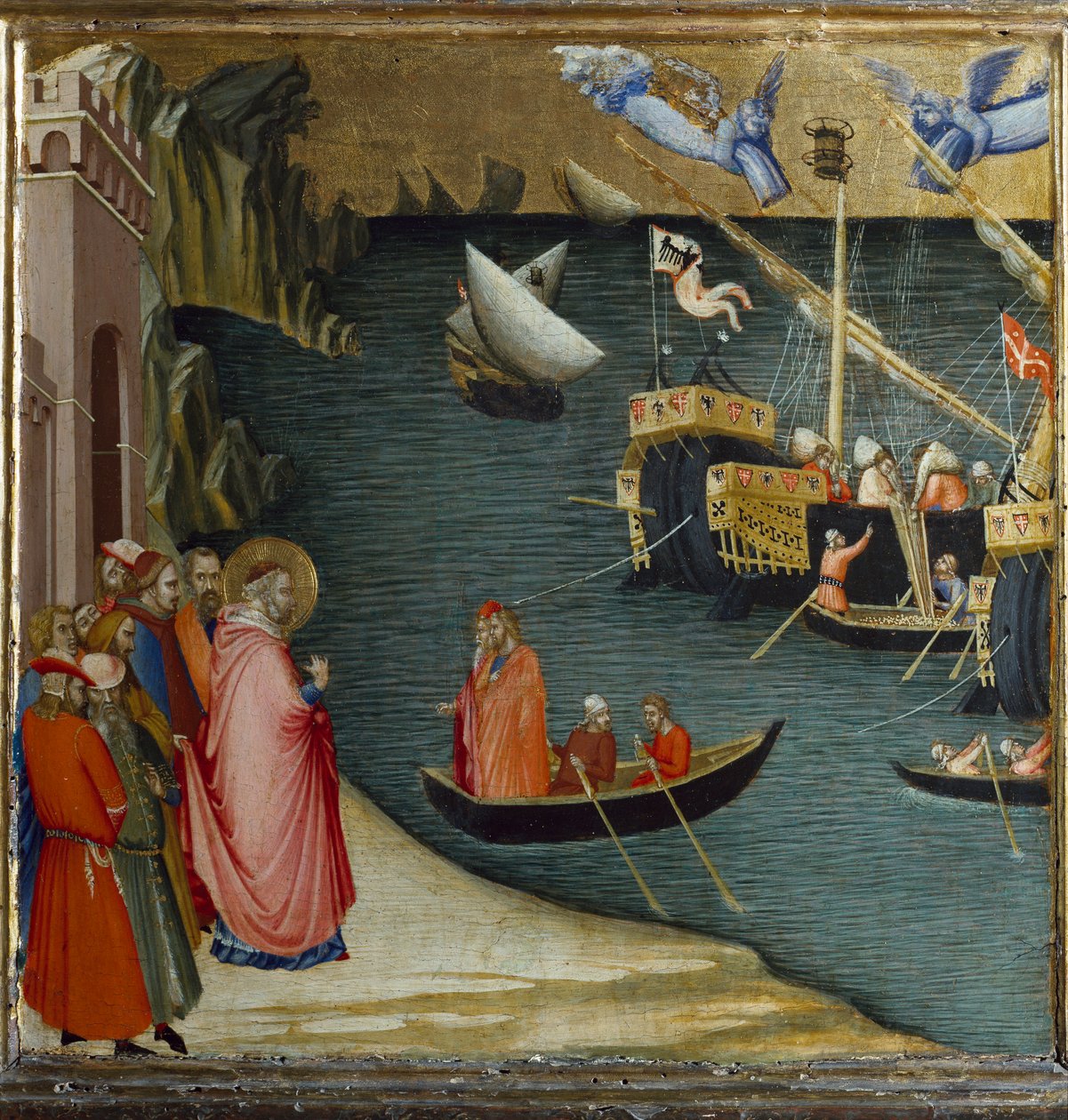 St Nicholas, biskup z Myry, zachrání před bouří loď s nákladem pšenice. Scény ze života svatého Mikuláše (tempera na panelu od Ambrogio Lorenzetti