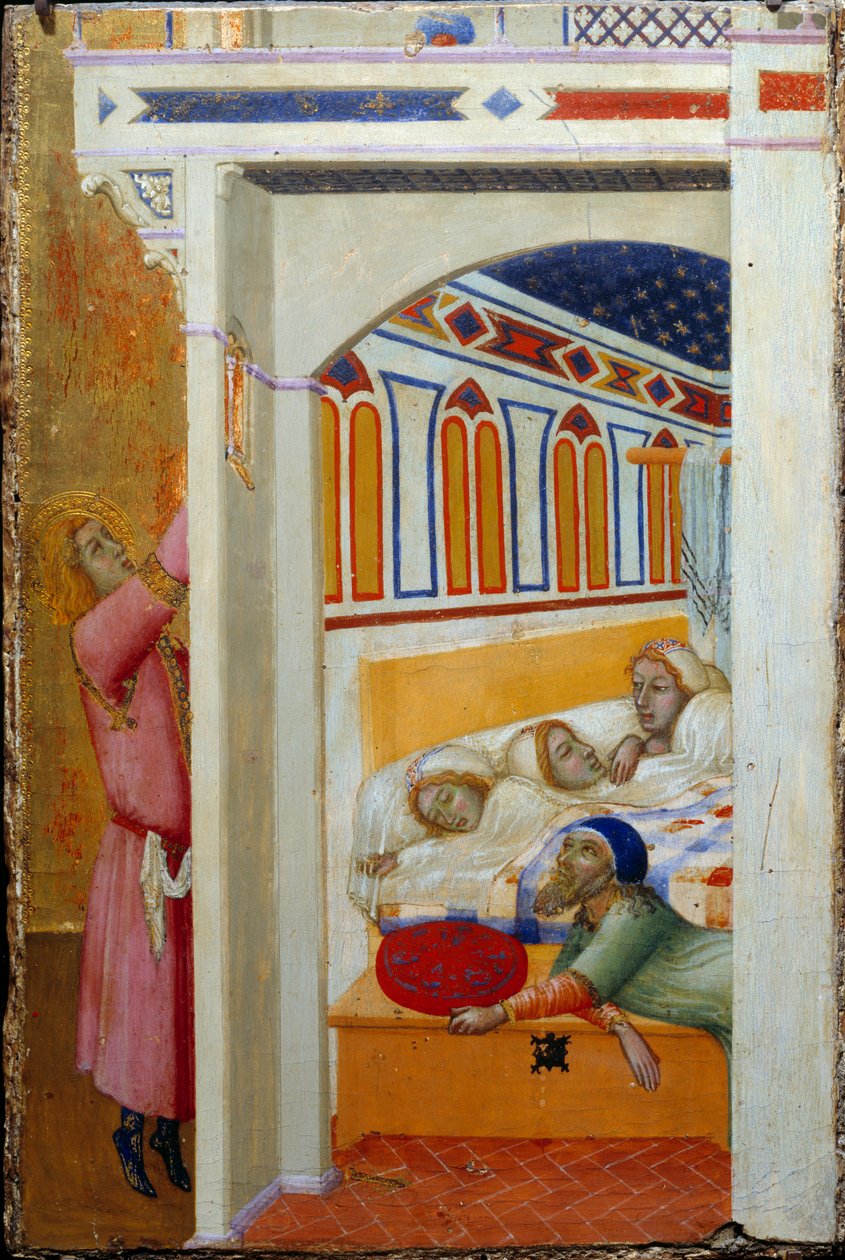Charity of St. Nicholas of Bari (nebo St. Nicholas of Myra, 270-345). Nicolas se dozvěděl, že otec nemůže poskytnout manželské věno svým třem malým dcerám, a proto v noci hází peníze oknem. Obraz od Ambrogia Lorenzettiho (v 1290 - 1 od Ambrogio Lorenzetti