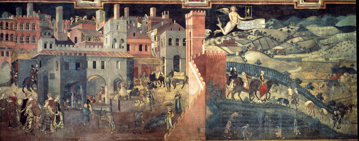 Účinky dobré a špatné vlády na město a zemi. Detail města. Freska od Ambrogia Lorenzettiho (1290-1348) od Ambrogio Lorenzetti