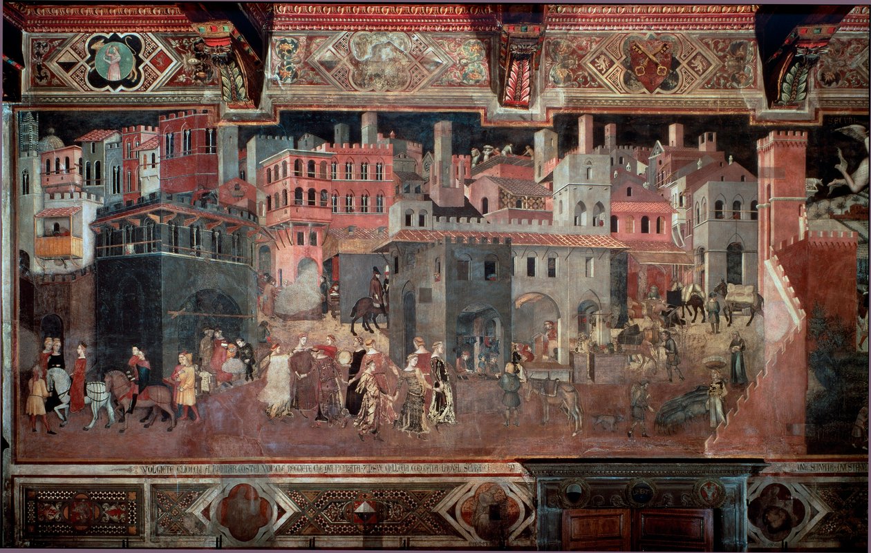"Vlivy dobré a špatné vlády na město a zemi." Detail města. Freska od Ambrogia Lorenzettiho (1290-1348) od Ambrogio Lorenzetti