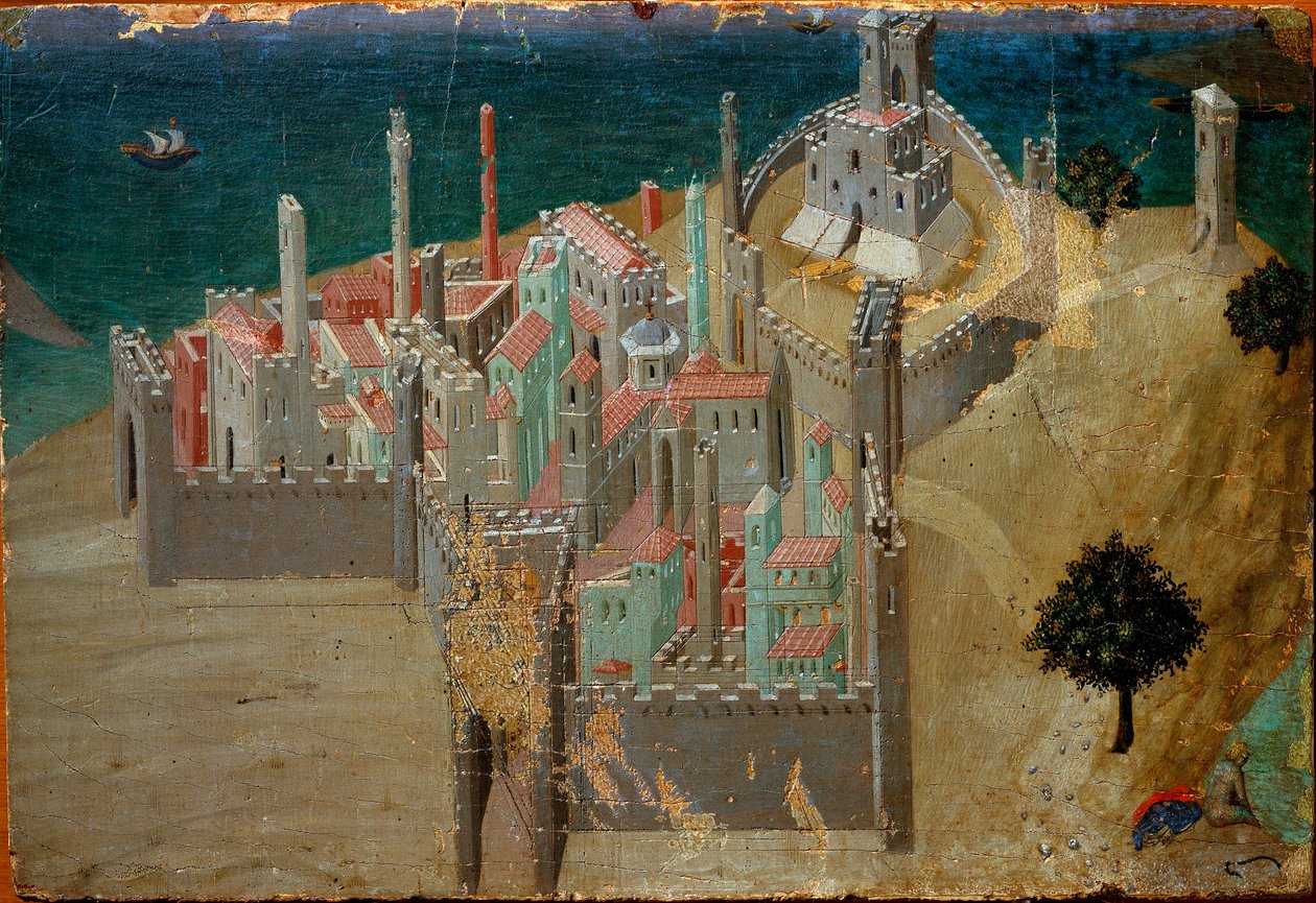 Pohled na opevněné město poblíž moře Detail. Detrempe na dřevě od Ambrogia Lorenzettiho od Ambrogio Lorenzetti