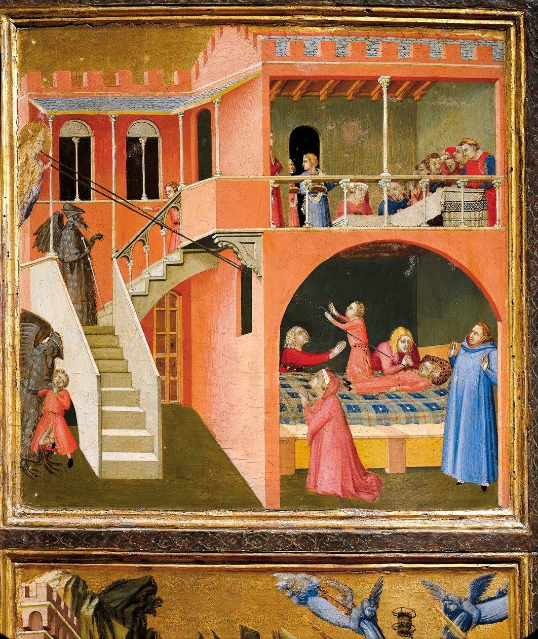 mikulášský zázrak oživující chlapec pózovaný démonem, detail ze zázraků sv. Mikuláše z Bari od Ambrogio Lorenzetti