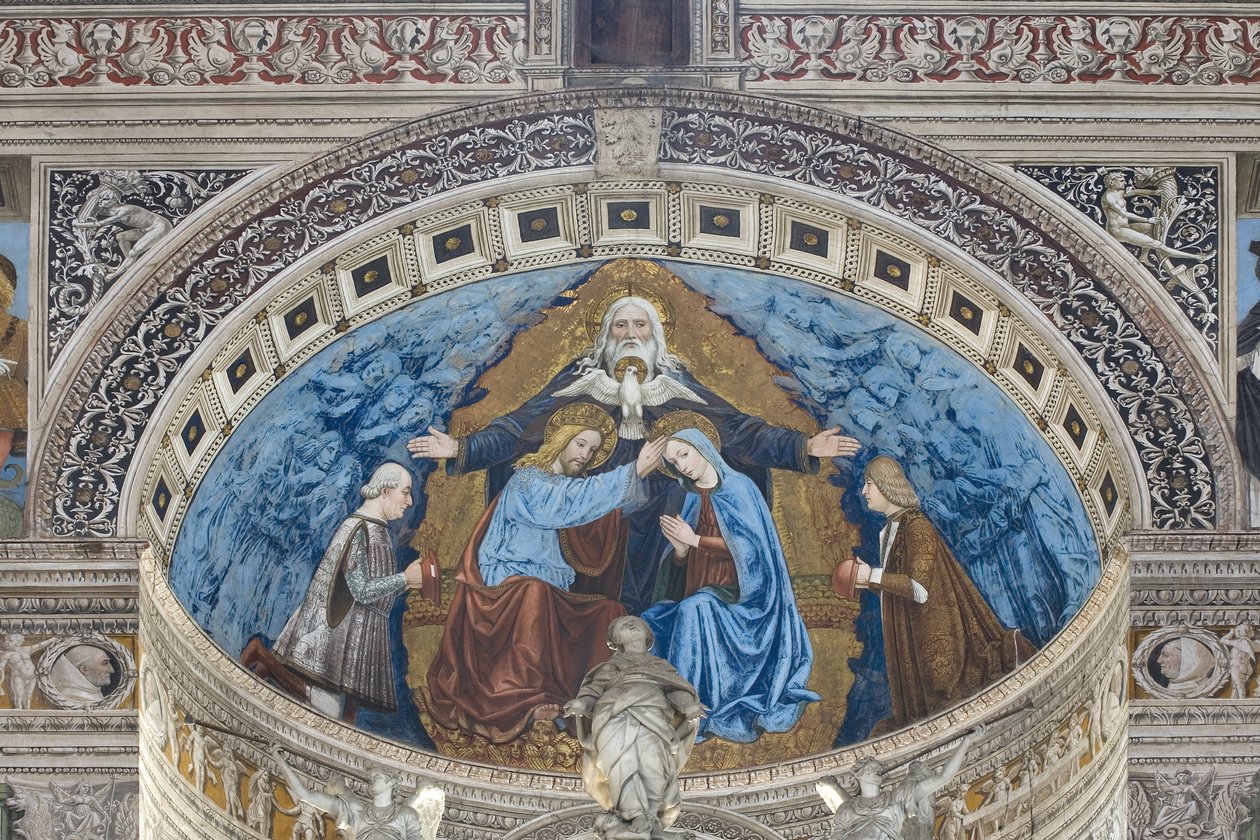 Korunování Panny Marie Bohem a Duchem svatým mezi Francescem a Ludovico Sforzou od Ambrogio da Fossano (c.1460 1523)