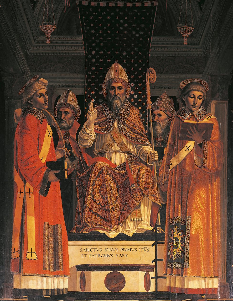 Itálie, Lombardie, Pavia Charterhouse (Certosa), pátá kaple vpravo, oltářní obraz se svatým Syrem trůnícím Ambrogiem da Fossano známým ("il Bergognone") od Ambrogio da Fossano (c.1460 1523)