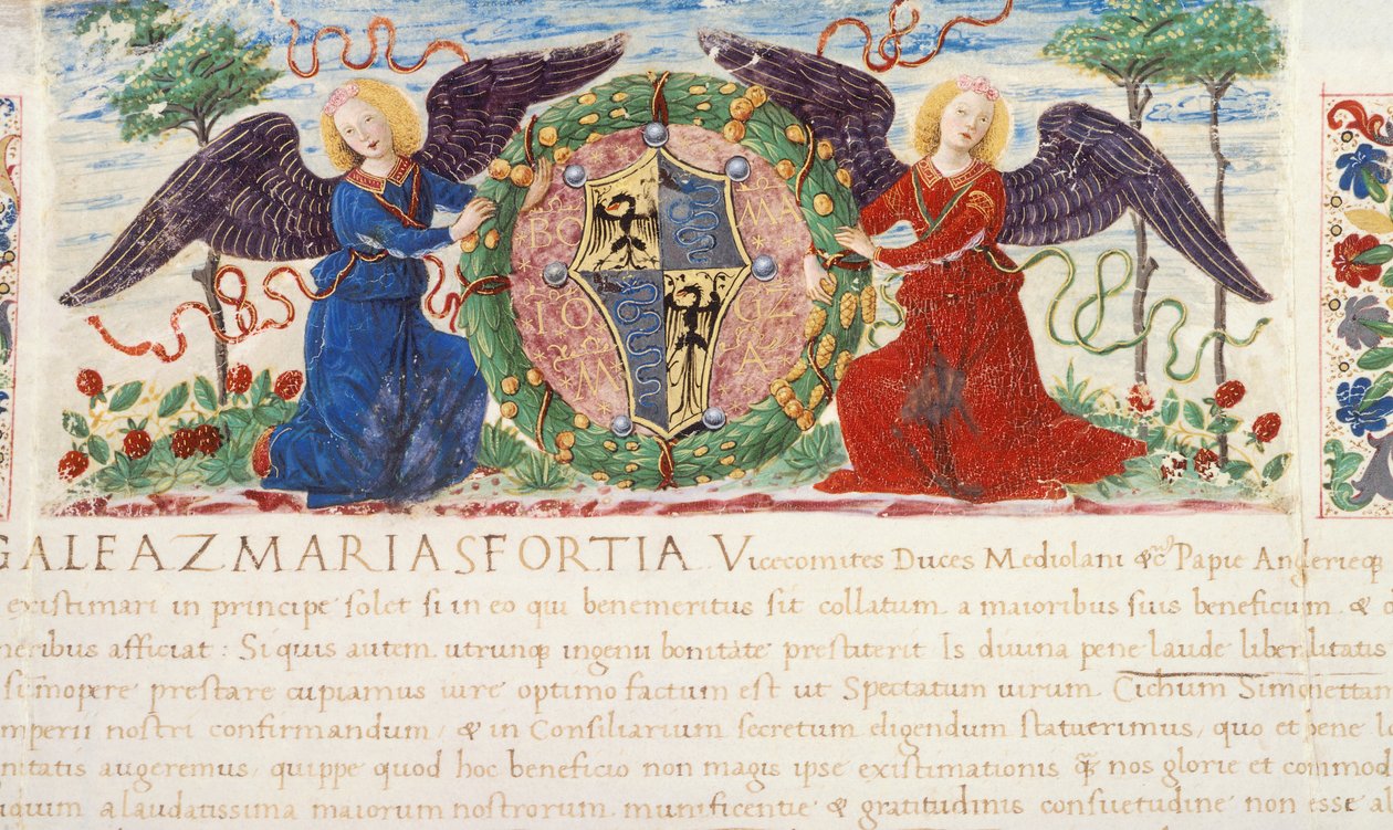 Andělé držící štít zobrazující erb Sforza, miniatura od Ambrogia Bergognona z rukopisu, Itálie 1477. od Ambrogio da Fossano (c.1460 1523)
