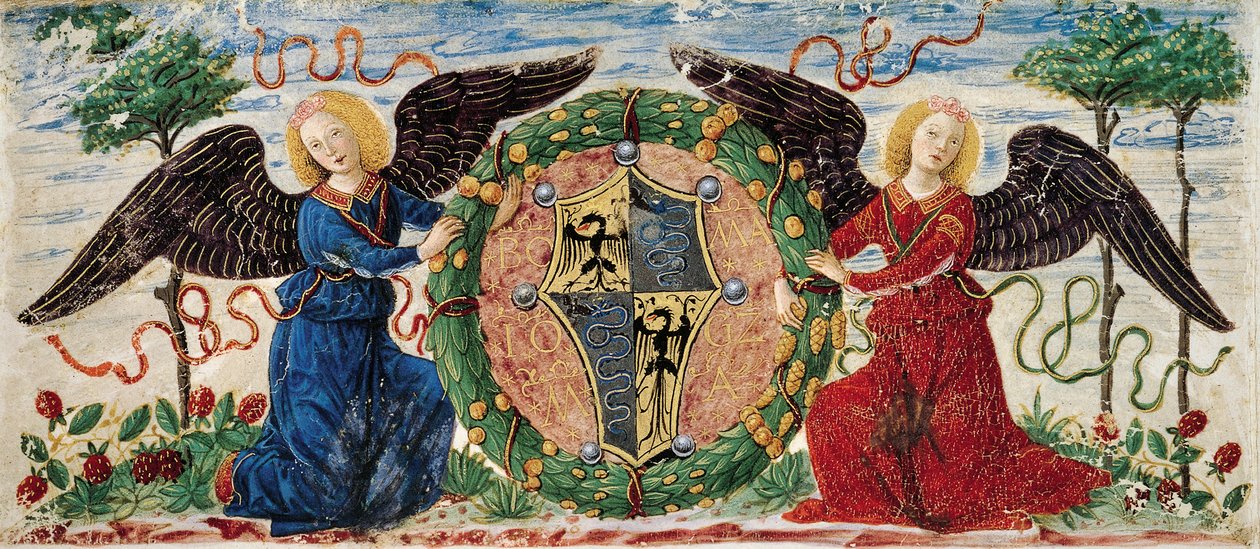 Andělé držící štít zobrazující erb Sforza, burgundský miniaturní pergamen od Ambrogio da Fossano (c.1460 1523)
