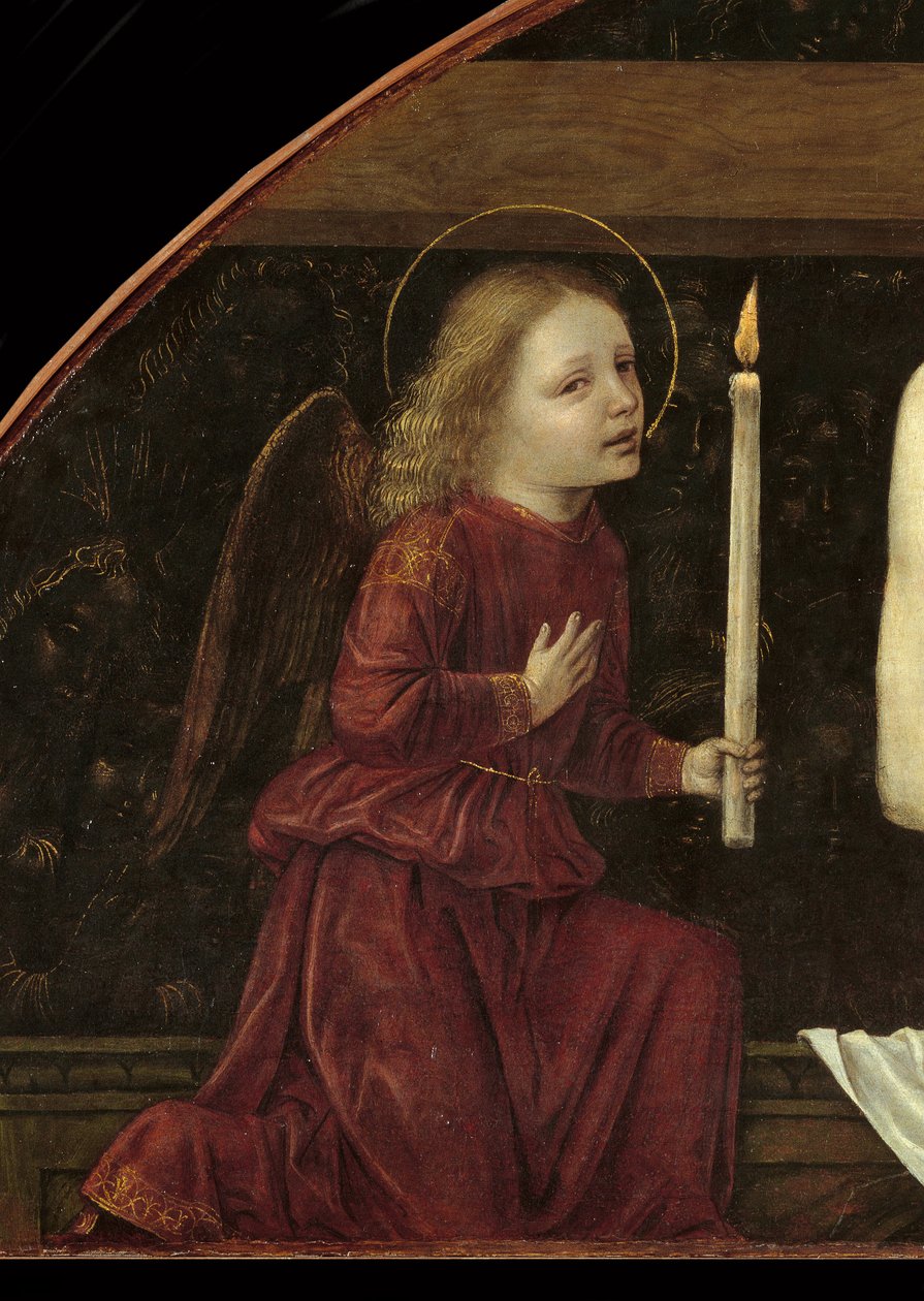 Kristus v Piete obklopený dvěma anděly Detail zobrazující anděla držícího svíčku od Ambrogio da Fossano (c.1460 1523)