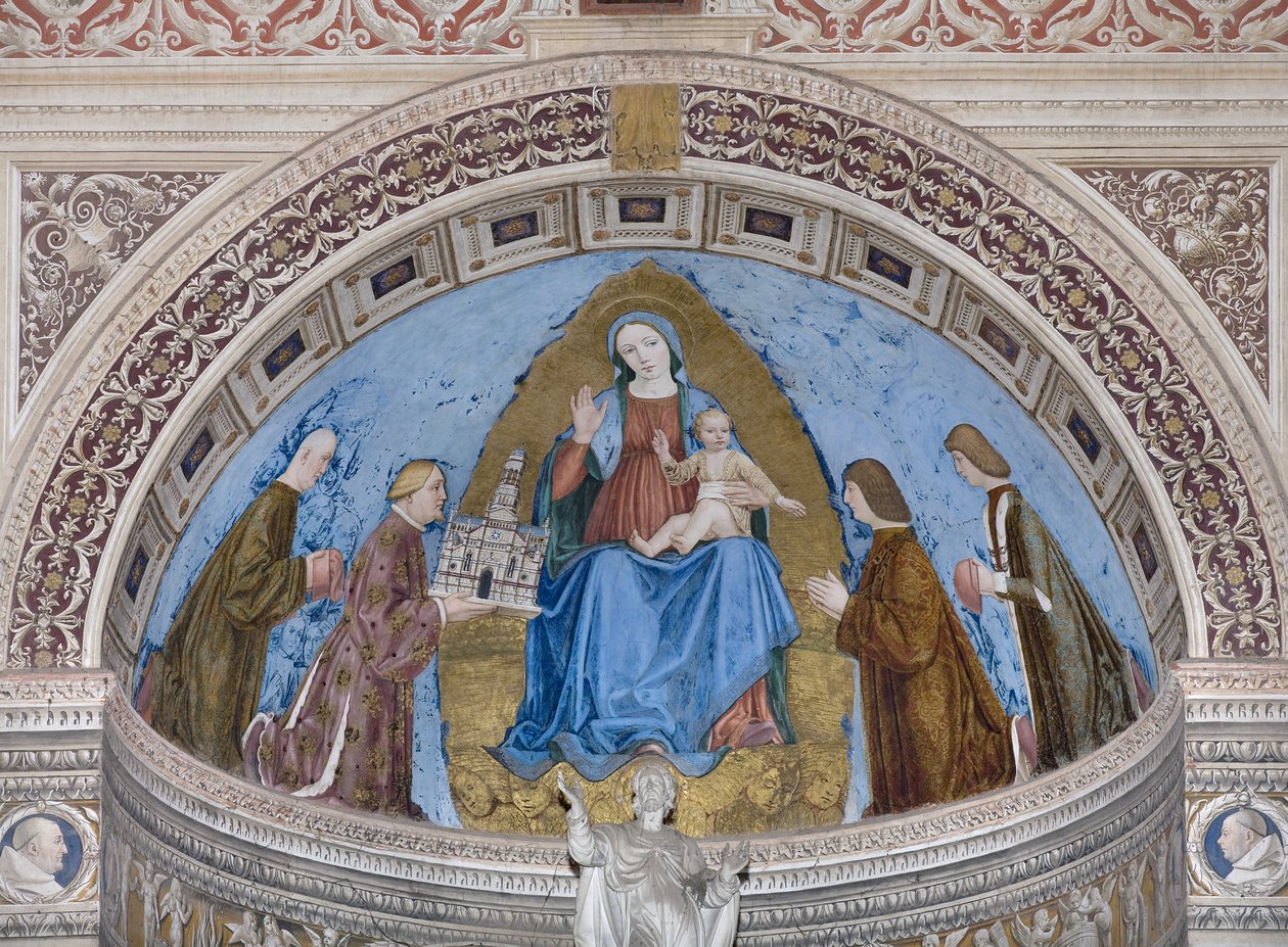 Gian Galeazzo Visconti a jeho děti Filippo Maria, Giovanni Maria a Gabriele Maria představující model Certosa Panně Marii a Dítěti (freska) od Ambrogio da Fossano (c.1460 1523)