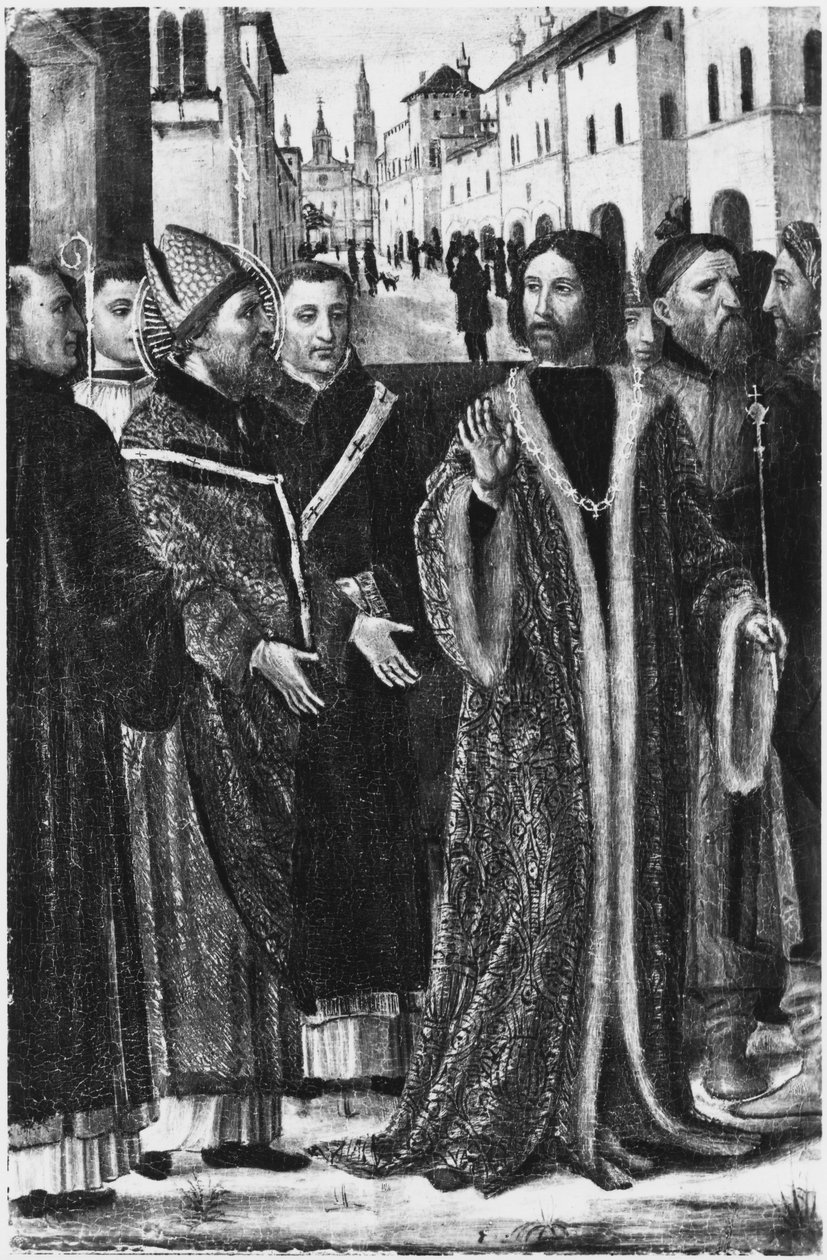 Svatý Ambrož odmítá římského císaře Theodosia I. Velikého vstup do kostela v Miláně (freska) (černobílá fotografie) od Ambrogio da Fossano (c.1460 1523)