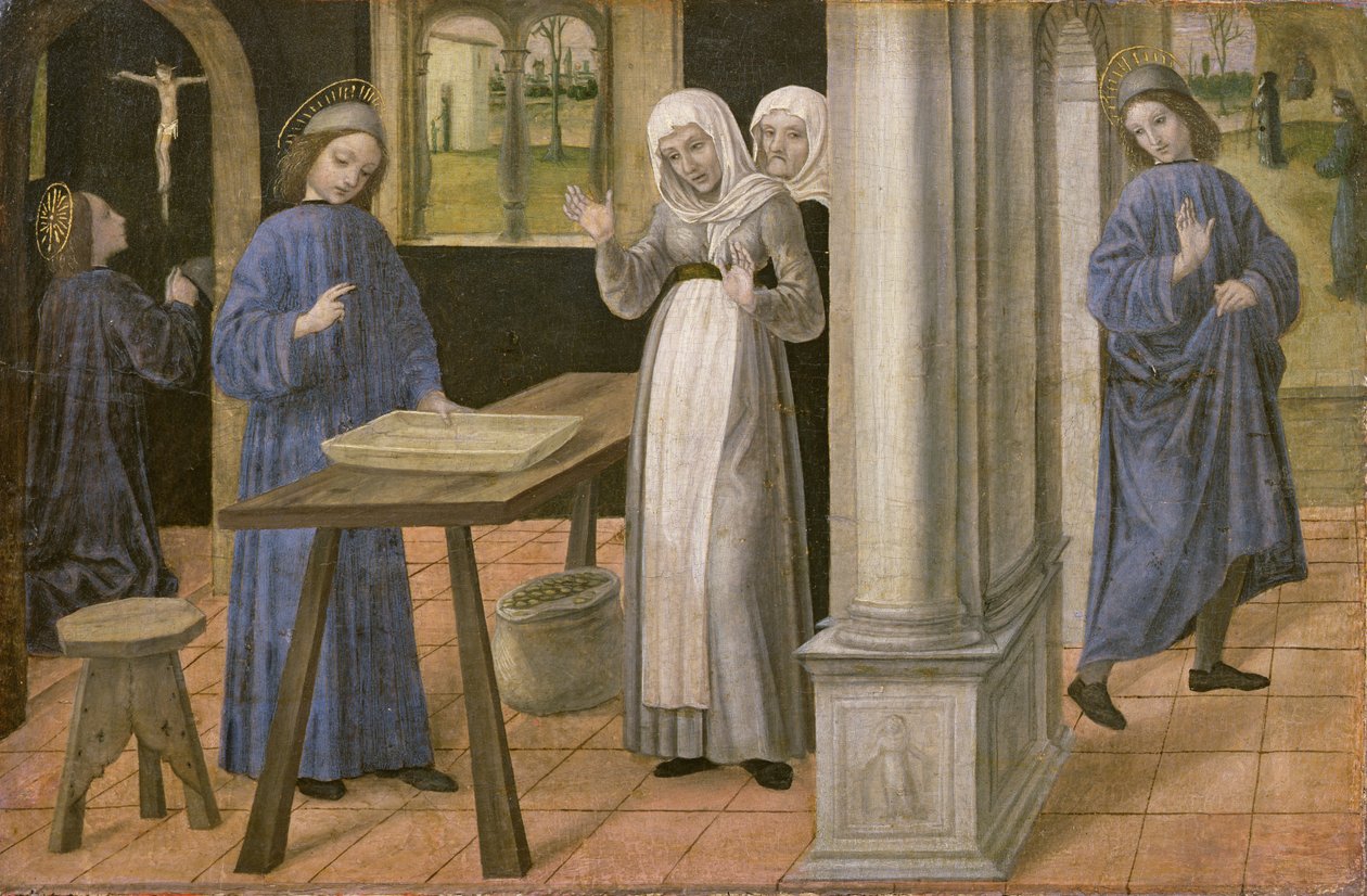 Modlitba, Zázrak Síta a Odjezd do Subiaca, panel preella z oltářního obrazu zobrazující Výjevy ze života sv. Benedikta, 1488-95 od Ambrogio da Fossano
